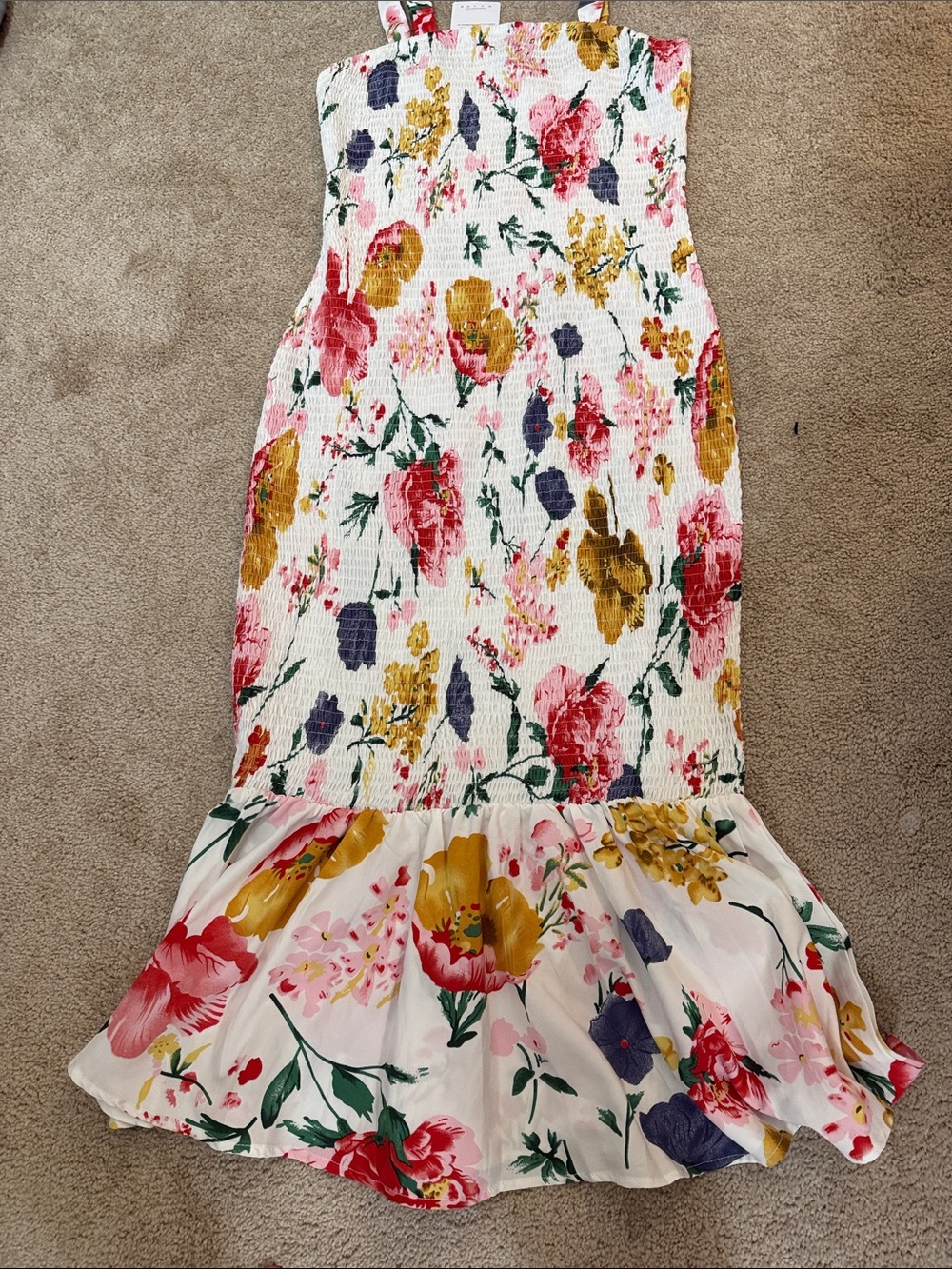 Smocked White Midi Dress with Pink & Mustard Floral Print